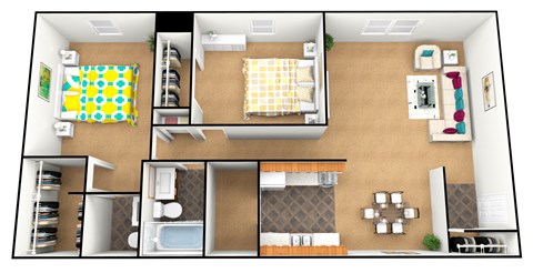 Floor plan for 2 beds, 1.5 baths, 879 sqft